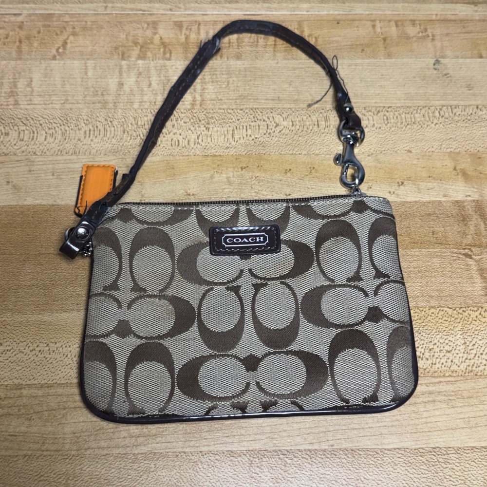 Coach Signature Monogram Canvas Wristlet Brown Jacquard with Orange Hangtag